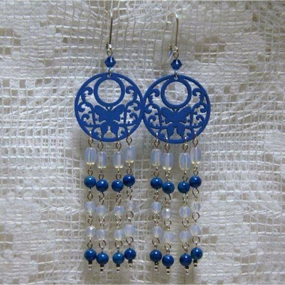 Handmade Blue Wooden Butterflies, Opalite, & Fossil Stone Chandelier Earrings - Picture 1 of 5